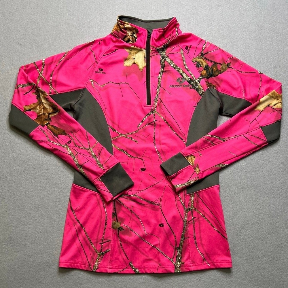Mossy Oak Quarter Zip Pullover Women Small Pink Camo Performance Thumbhole Top